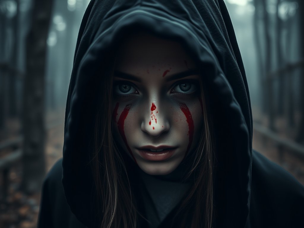 Create a chilling portrait of a woman in a dark hood, covered in blood, with an expression of despair, set in a misty forest, using a DSLR camera with a 50mm lens at f/1.8, ISO 200, shot from a low angle, with a soft-focus background for dramatic effect and high contrast to emphasize the dark elements.
