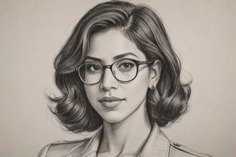 Graceful Stephanie Beatriz, pencil sketch, portrait of Ravishing woman 1932s in glasses, hair style beatnik, outline, clear lines, fine lines, 8k