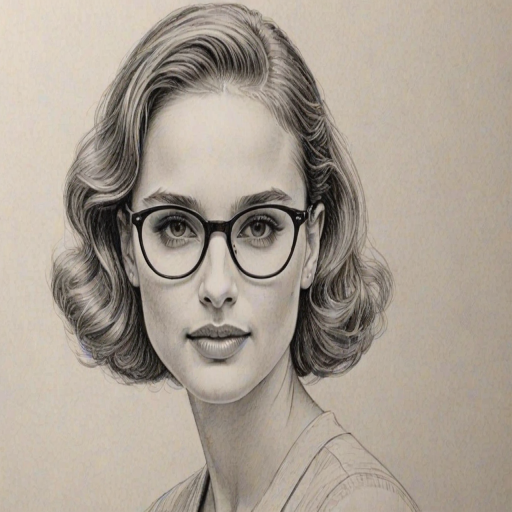 Charming Natalie Portman, pencil sketch, portrait of Graceful woman 1946s in glasses, hair style beatnik, outline, clear lines, fine lines, 8k