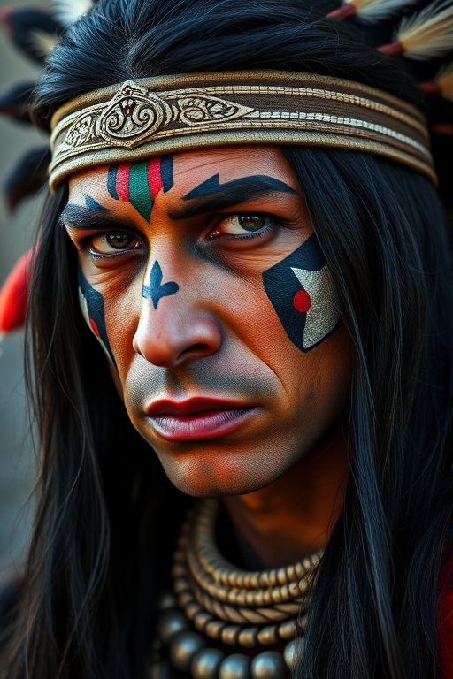 Create a hyper-realistic portrait of a Native American warrior with long black hair and striking tribal face paint, shot with a Canon EOS R5, 50mm lens, f/1.8 aperture, ISO 100, natural lighting, portrait orientation, high detail.