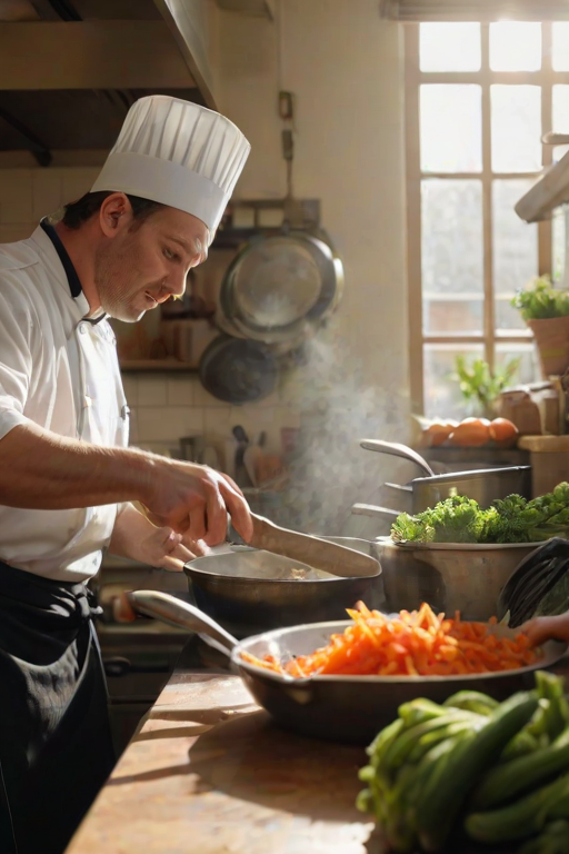 Warmly lit close-up of a chef chopping fresh vegetables in a bustling kitchen, soft natural light streaming through a nearby window, with pots and pans hanging from the ceiling and a sense of energy and movement in the air.