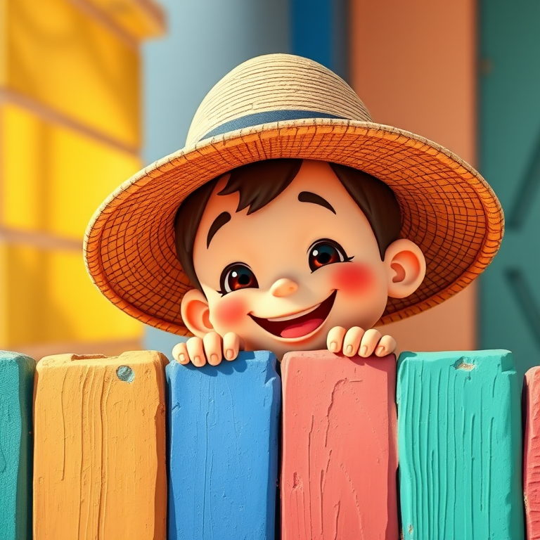 Create a vibrant illustration of a cheerful cartoon character with a floppy hat peeking over a colorful wall, featuring bright colors and detailed textures, shot with a DSLR camera at f/2.8 aperture, ISO 100, 50mm lens, in a natural light setting with a shallow depth of field to enhance image quality.