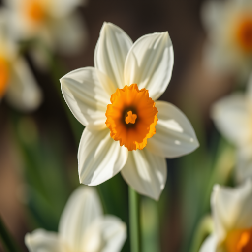 Close-up shot of a white daffodil flower with an orange center, natural light, shallow depth of field, ISO 100, aperture f/2.8, focal length 50mm, DSLR camera.
