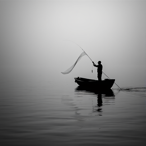A fisherman casting a net from a small boat on a calm lake, with a focus on the silhouette in black and white; camera settings: ISO 200, f/4, 1/500s; camera view: side profile; camera style: monochrome; camera type: DSLR.