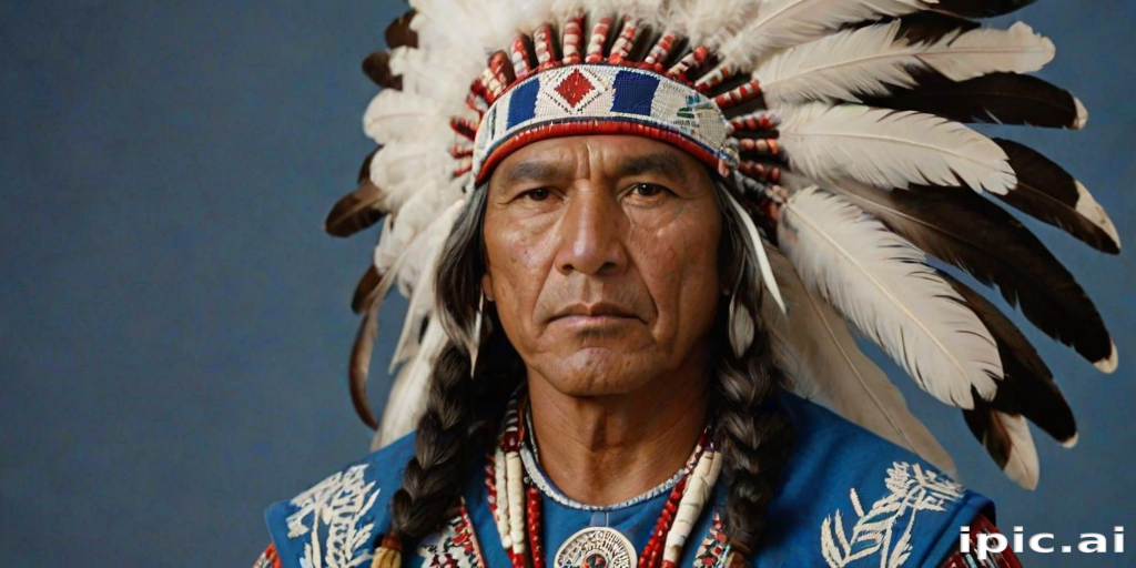 Create a dignified portrait of a Native American man dressed in traditional attire. He wears a beautifully crafted headdress adorned with white feathers and red beads, along with a beaded headband featuring intricate patterns. His clothing includes a deep blue, patterned shirt and a traditional chest piece with detailed beadwork. His arms are crossed, displaying leather armbands decorated with feathers. The background is simple and neutral, emphasizing his proud and stoic expression. The overall image captures the rich cultural heritage and strength of his persona.