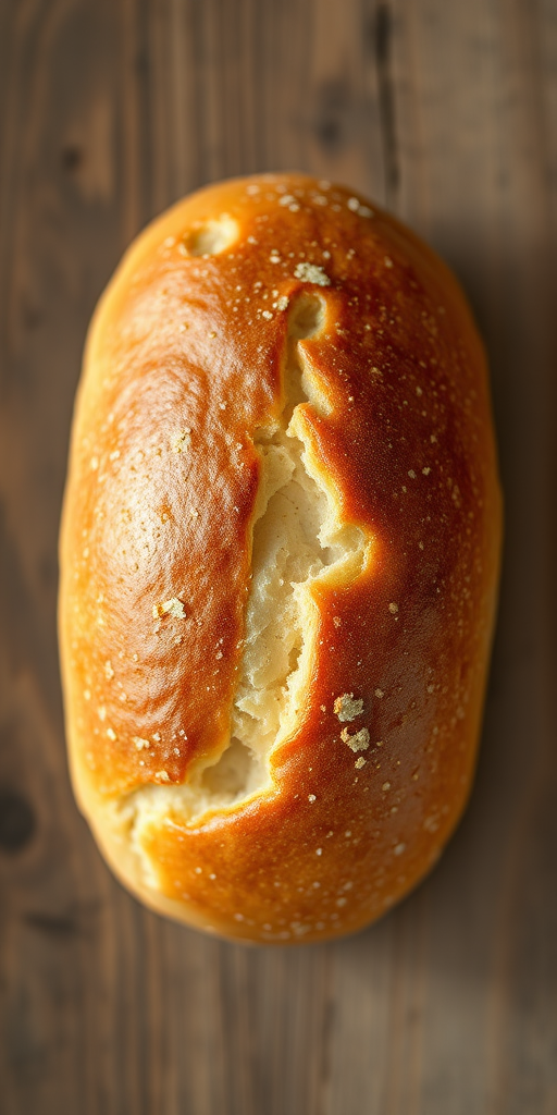 high-resolution image of a freshly baked bread roll, soft golden crust, overhead view, shallow depth of field, 50mm lens, f/2.8 aperture, ISO 200, natural light setting