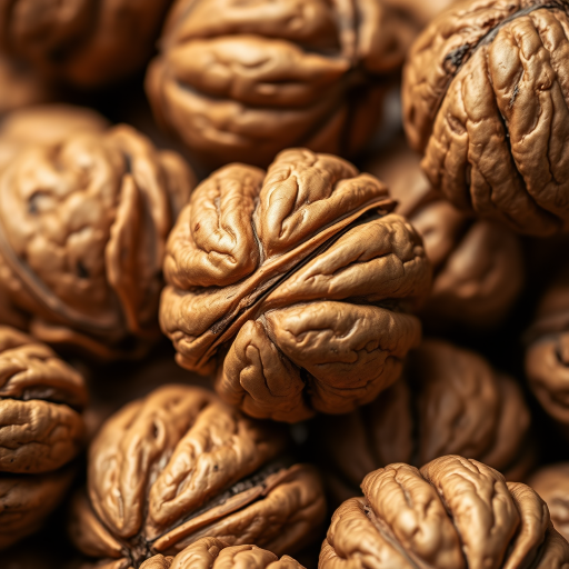 Close-up of whole walnuts with detailed texture, shallow depth of field, natural lighting, shot with a Canon EOS 5D Mark IV at f/2.8, 50mm lens, ISO 100, focusing on the intricate patterns of the walnut shells.