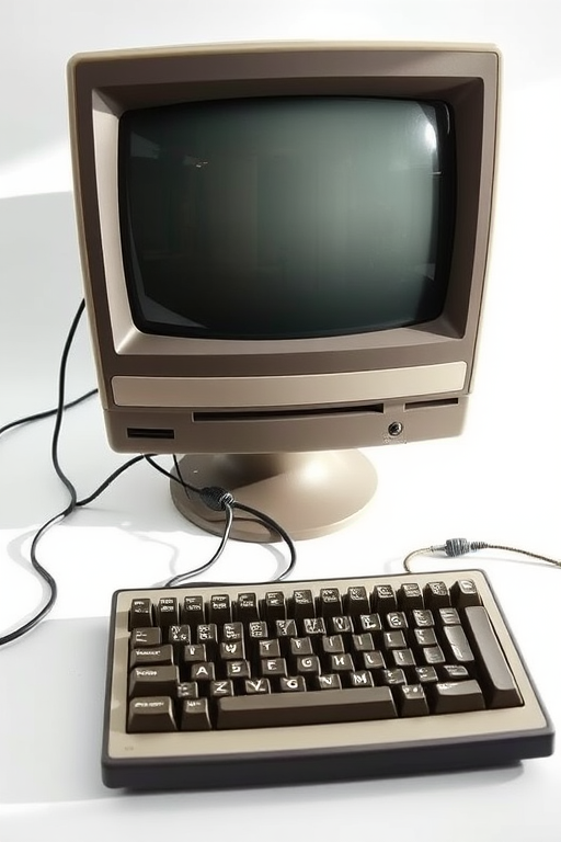 Vintage computer setup on a clean white background, soft natural lighting, focus on the monitor and keyboard, aperture f/4, shutter speed 1/60 sec, ISO 100, taken with a DSLR camera from eye level.