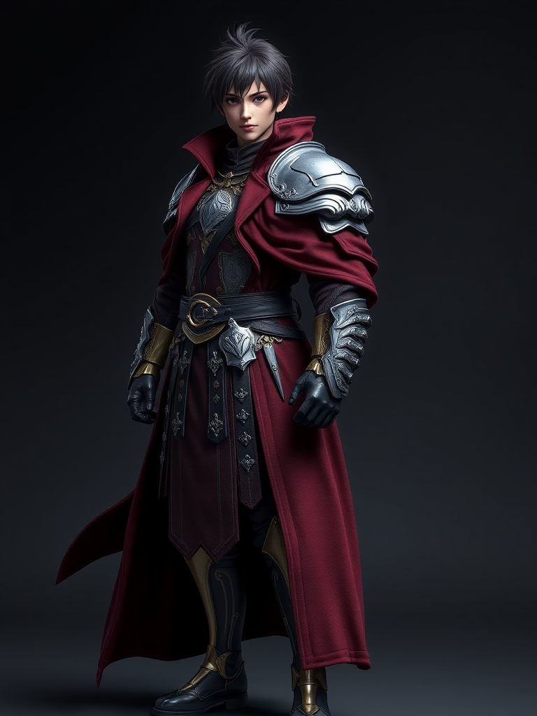 Generate a high-resolution image of a character in a flowing maroon coat and intricate armored outfit, standing confidently, shot with a DSLR camera at f/2.8 aperture, 50mm lens, 1/125 sec shutter speed, in a well-lit studio setting, emphasizing sharp details and vibrant colors.