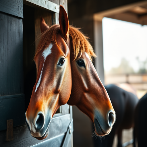photograph a chestnut horse looking out of a stable window with bright natural lighting, aperture f/2.8, shutter speed 1/200s, ISO 100, focal length 50mm, taken with a DSLR camera in portrait mode to capture detailed textures and depth of field