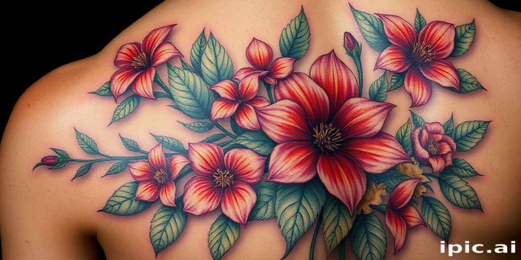 Realistic 3D tattoo titled "Living Canvas" depicting hyperrealistic flora and fauna that appear to emerge from the skin, with lifelike textures and shading that create an illusion of depth, incorporating elements of trompe l'oeil art techniques