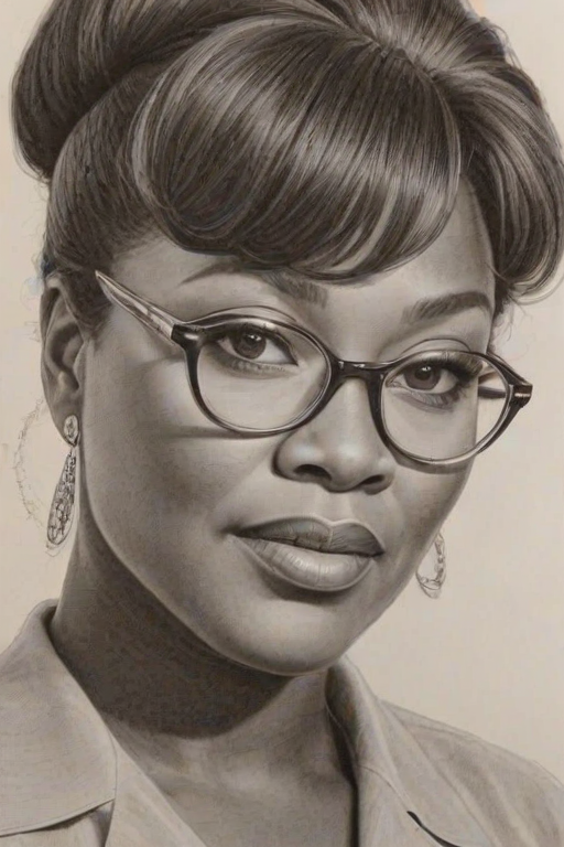 Exquisite Loretta Devine, pencil sketch, portrait of Attractive woman 1956s in glasses, hair style beatnik, outline, clear lines, fine lines, 8k