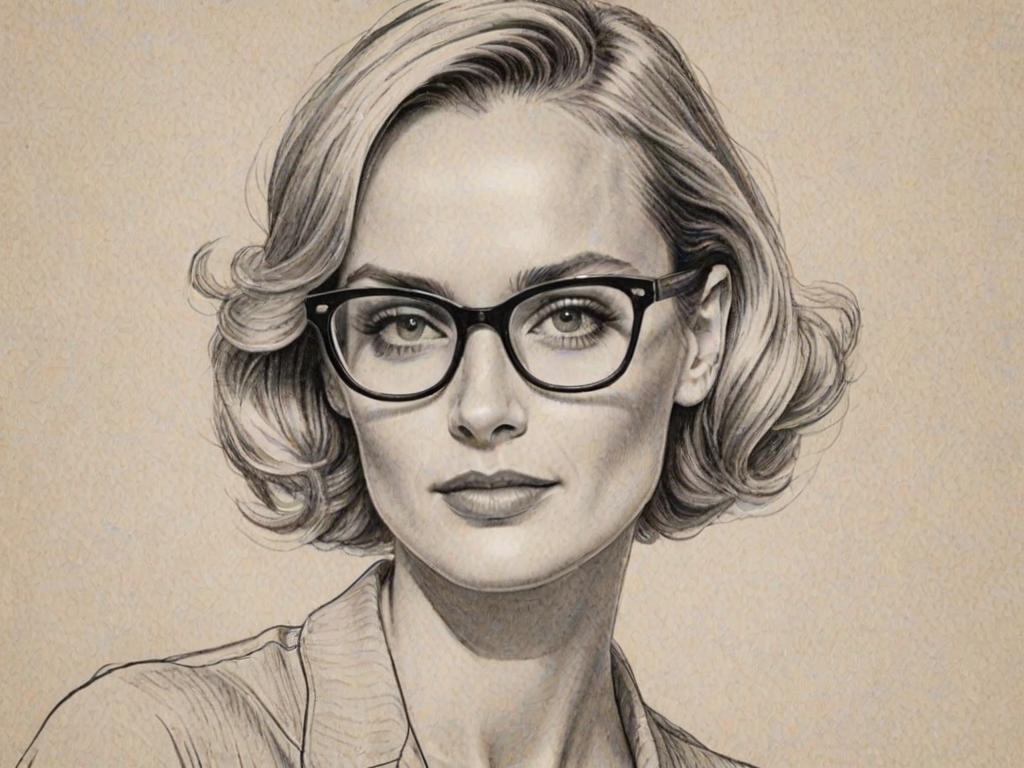 Fetching Amber Valletta, pencil sketch, portrait of Alluring woman 1950s in glasses, hair style beatnik, outline, clear lines, fine lines, 8k