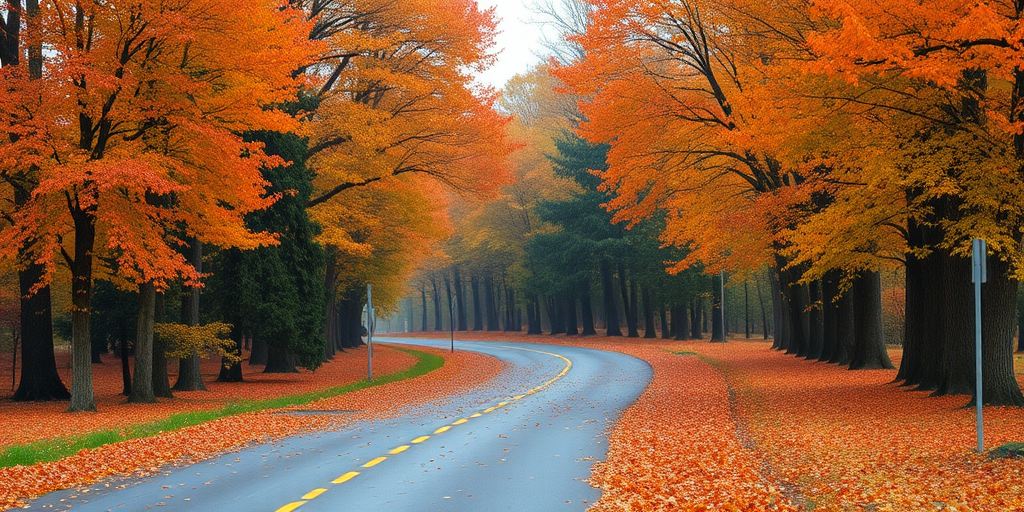 A scenic autumn road surrounded by vibrant trees with orange and yellow leaves carpeting the ground creating a tranquil and picturesque atmosphere