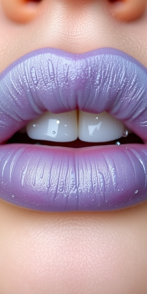Lavender-gray lips with "Misty Morning" style, showcasing a unique cloud-like texture and delicate silver sparkles, reminiscent of early morning dew