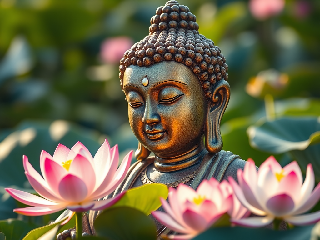 Create a serene image of a Buddha statue with intricate details and vibrant colors, surrounded by luminous lotus flowers, captured with a Canon EOS R5, 50mm lens, aperture f/1.8, ISO 100, in soft natural lighting for a dreamy effect.