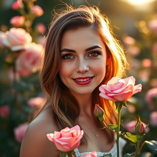 portrait of a woman in a blooming rose garden with soft sunlight, f/1.8 aperture, 50mm lens, shallow depth of field, natural light, DSLR camera, golden hour lighting