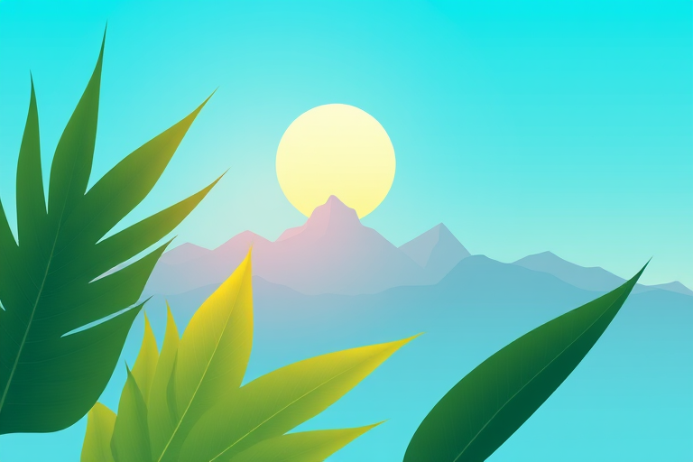 Create a minimalist digital illustration of stylized tropical leaves in the foreground with a large sun in a clear blue sky above stylized mountains in the background using a soft gradient; camera settings: aperture f/8, ISO 100, shutter speed 1/125; camera view: wide-angle; camera style: vector art; camera type: digital illustration.