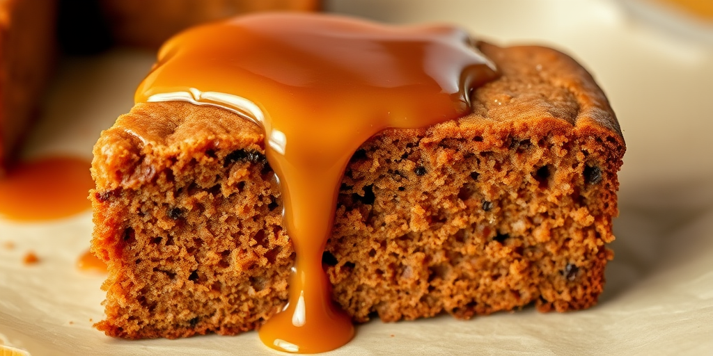 A close-up of a slice of moist gingerbread cake with a glossy caramel sauce drizzled on top, showcasing rich brown and amber tones, with a soft and crumbly texture, placed on a light parchment background.