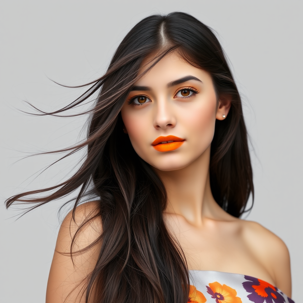 Photographic image of a beautiful young Kurdish woman, orange eyes, lips with Yellow lipstick, long hair fluttering in the wind and wearing a silk strapless dress with a soft purple and orange print. monochrome image with only color highlights in the iris of the eyes, lipstick and dress. Gray background.
