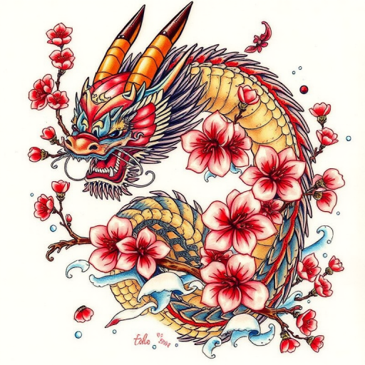 Japanese-inspired irezumi tattoo depicting a fierce dragon wrapped around cherry blossoms, featuring vibrant colors and flowing water elements, known as "Dragon's Embrace"