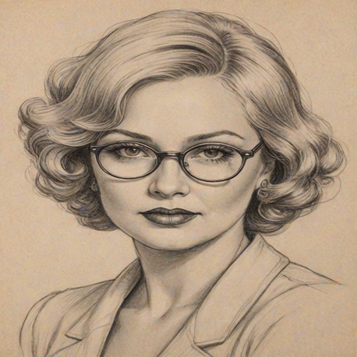 Fetching Renee Taylor, pencil sketch, portrait of Captivating woman 1920s in glasses, hair style beatnik, outline, clear lines, fine lines, 8k