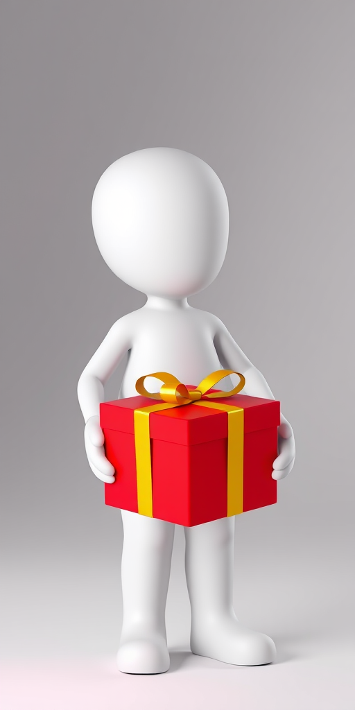 Create a 3D render of a simple white humanoid figure holding a red gift box with yellow ribbons, soft lighting, studio view, aperture f/2.8, ISO 100, shutter speed 1/125s, using a DSLR camera.