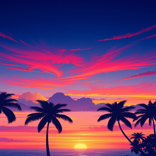 Create an illustration of a vibrant sunset over a calm ocean, with silhouettes of palm trees in the foreground, captured with a DSLR camera at 50mm focal length, f/2.8 aperture, ISO 100, shot from a low angle to emphasize the sky's colors and reflections on the water.