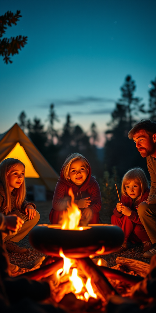 Warm, softly lit image of a family gathered around a campfire at twilight, soft orange light from the flames illuminating their faces, with tents and trees barely visible in the background and stars beginning to emerge.