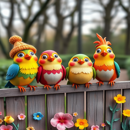 create a scene of 4 quirky  whimsical colourful comical birds each with a funny expression. they are sat on a wooden fence with colourful flowers. they are all different sizes. each one is a different colour  one is wearing a woolly hat. Each one has a different quirky google expression and there is a muted background of trees watercolour paintierly style high definition 8k resolution 3D paper mache