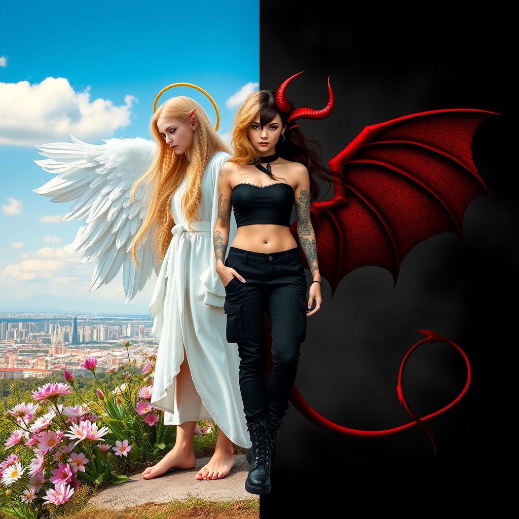 Create an image with a split composition, half representing an angel and half a demon. The angel is on the left, depicted with long, flowing blonde hair, a golden halo above her head, and wearing a white robe. She has large, feathered wings, and she's barefoot, standing amidst blooming flowers with a cityscape in the background under a clear blue sky with a few clouds. The demon is on the right, featuring long, wavy black and red hair, red horns on her head, and wearing a black crop top and black cargo pants. She has large, bat-like wings with red and black hues, and is wearing black combat boots. Her skin is adorned with tattoos. The background on the demon's side is dark and smoky, with hints of flames and a red tail curling behind her. Both figures stand back-to-back, creating a stark contrast between light and dark, good and evil.