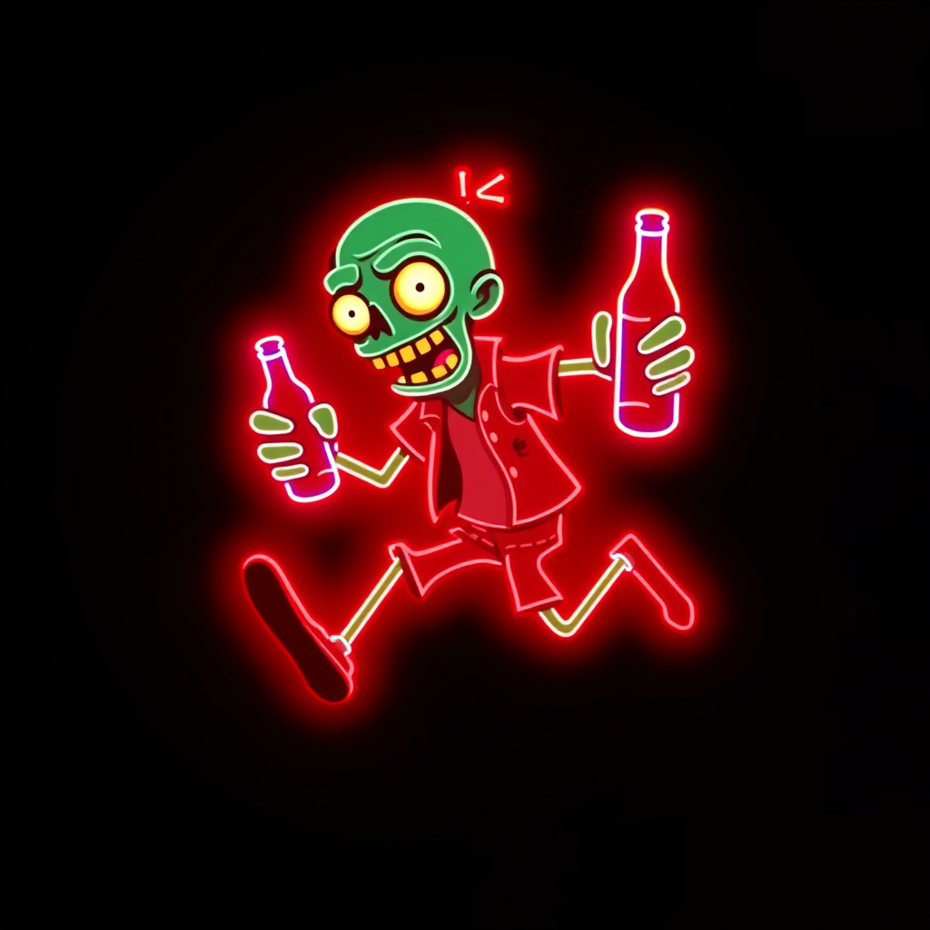 Create an image of a neon sign featuring a cartoon-style zombie in a dynamic pose, holding a bottle. The neon sign should glow in red against a dark background, making the character stand out prominently. The character should appear to be running, capturing attention with its vibrant color and action pose, perfect for advertising or decorative purposes.
