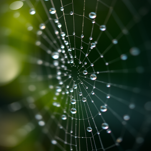 close-up of a spider web adorned with dew drops, shallow depth of field, soft natural lighting, macro photography, DSLR camera settings: f/2.8 aperture, 100mm lens, ISO 200, 1/250s shutter speed