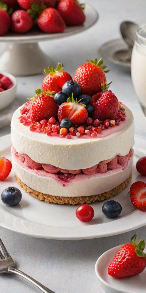 Create an image of two elegant round desserts layered with a creamy white base and a pink fruit mousse on top. Each dessert is adorned with fresh strawberries, a dollop of whipped cream, and a sprinkle of red currants. The plate is garnished with crushed cookies, and there are small bowls of berries in the background. Include a silver spoon beside the plate for an added touch of elegance.