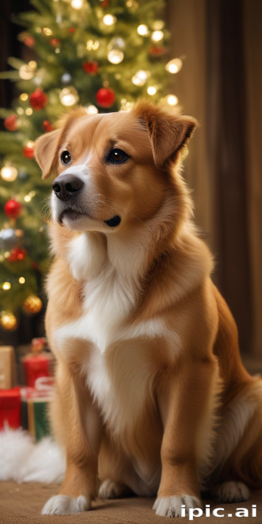 Adorable Dog Sitting Proudly in Front of Christmas Tree Decorations