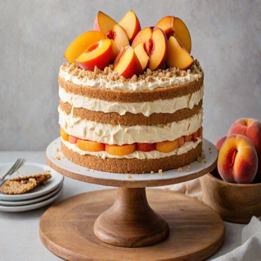 Create an image of a layered cake on a wooden cake stand. The cake is filled with peach preserves and has a smooth frosting on the outside. The top is generously decorated with fresh peach slices and crumbled cookie pieces. Surround the cake with fresh peaches and a soft, neutral background.