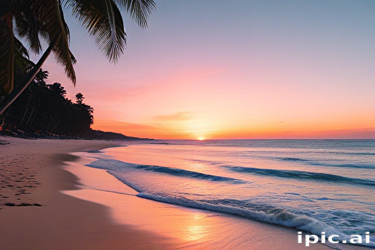 Tranquil Sunset Over Serene Beach with Palm Trees and Gentle Waves