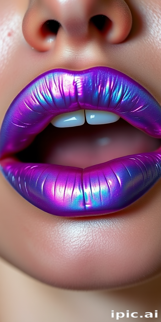 Holographic iridescent lips that shift from lavender to teal, dubbed "Mermaid's Kiss," create a mesmerizing effect with a glossy, multidimensional finish for avant-garde fashion shows