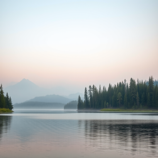 Create a serene landscape scene featuring a calm lake surrounded by lush trees and distant mountains, capture in soft pastel colors with a misty atmosphere, using a DSLR camera with a 35mm lens at f/8, ISO 100, with a wide-angle view to enhance depth and sharpness.