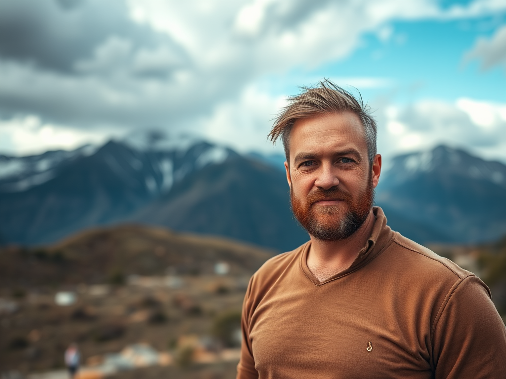 Create a high-resolution portrait of a rugged man standing confidently in a scenic landscape with mountains and a cloudy sky in the background, using a DSLR camera at f/2.8 aperture, 50mm lens, ISO 100, with natural lighting and a shallow depth of field for enhanced detail and texture.