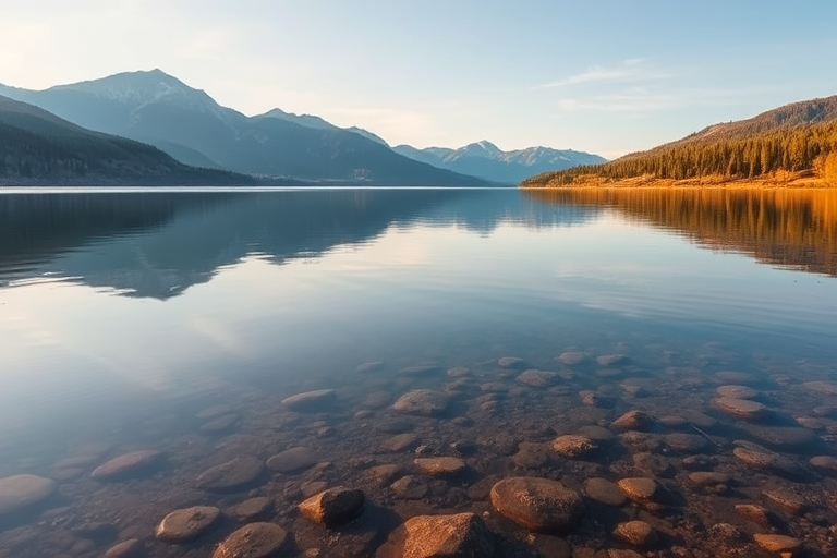 Create a high-resolution image of a serene landscape with mountains in the background and a calm lake in the foreground, using a DSLR camera set to f/8, ISO 100, 1/125 sec, shot from a low angle to capture reflections in the water.