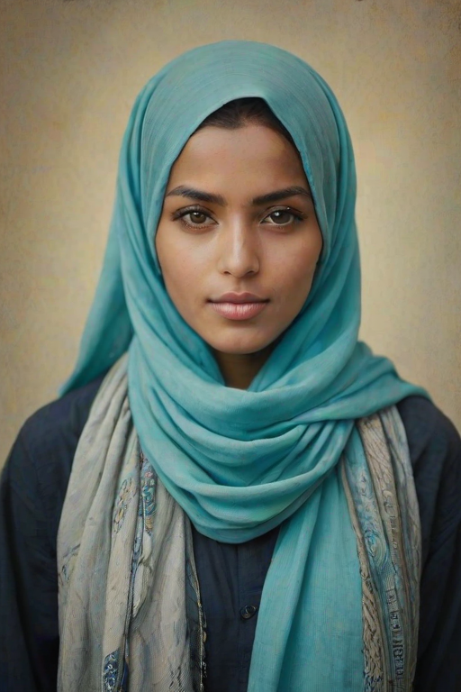 Create a portrait of a young Tuareg female with long, dark hair and captivating hazel eyes. She is wearing a cyan headscarf and a matching scarf draped gracefully around her neck. The background is softly blurred, focusing attention on her serene and natural expression. The overall color palette is muted and warm, enhancing the intimate and authentic feel of the portrait.