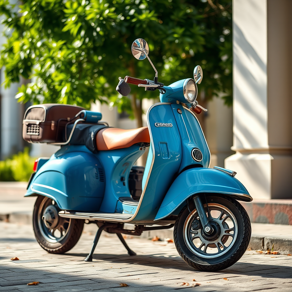 Capture a vintage blue scooter from a side angle, using a DSLR camera with a 50mm lens, aperture set to f/2.8 for a shallow depth of field, ISO 100 for clarity, and a bright natural light setting to enhance colors and details.