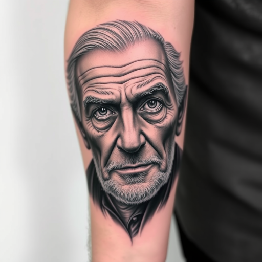 Realistic grayscale portrait tattoo titled "Timeless Gaze" showcasing intricate shading and lifelike details of an elderly face with piercing eyes, symbolizing wisdom and the passage of time on the upper arm