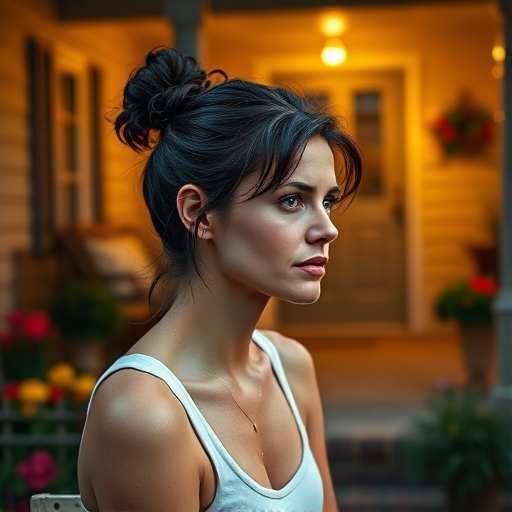 A photo of Charlize Theron with a background of a cozy porch. She has dark hair pulled back in an updo, with tendrils framing her face. She wears a white tank top and sits on the porch. The porch is part of a well-lit home with a warm, earthy tone and colorful flowers and foliage. The overall scene has a warm, welcoming, and comfortable ambiance.