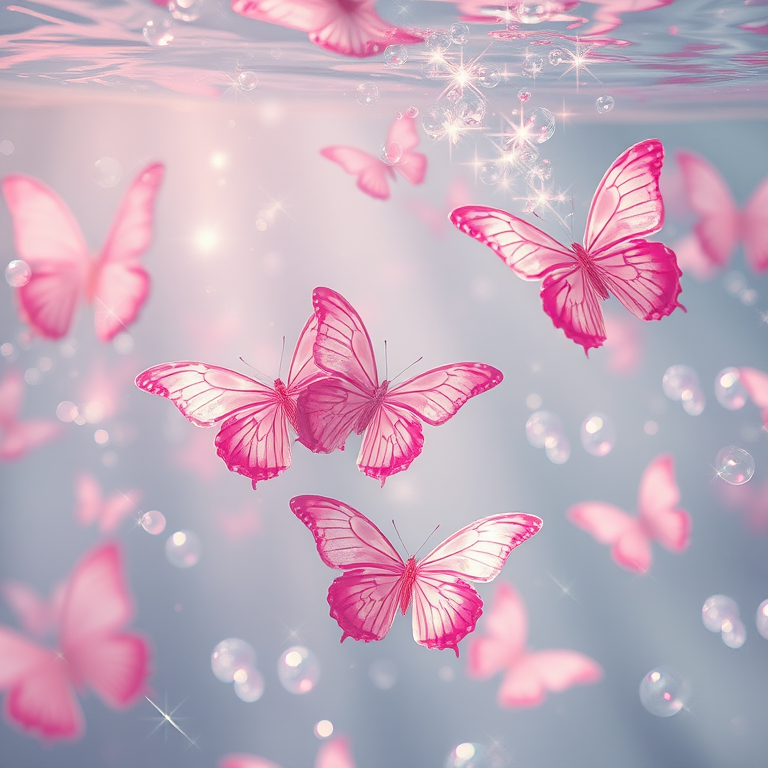 Create an image of a serene underwater scene with delicate pink butterflies floating amidst shimmering bubbles and soft, flowing water reflections. Add a gentle sparkle effect to enhance the ethereal quality of the composition.