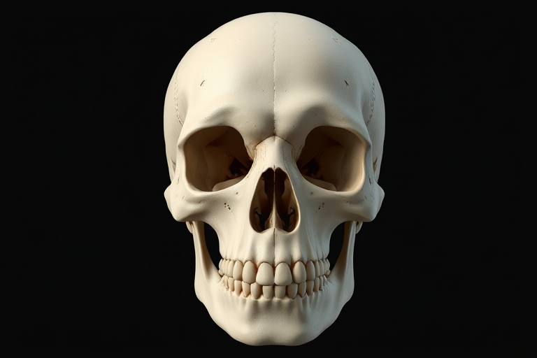 Create a high-resolution digital illustration of a realistic human skull, 50mm lens, f/5.6 aperture, ISO 100, front view, soft lighting, in a 3D render style.