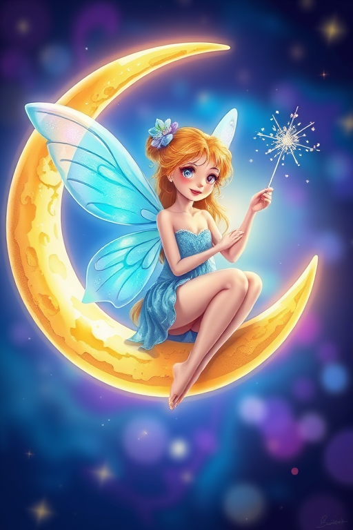Create a vibrant illustration of a fairy sitting on a crescent moon, with translucent blue wings and holding a sparkling wand, use a soft focus effect, capture with a 50mm lens at f/1.8, employ a bright color palette, and opt for a digital art style.