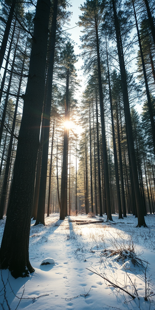 Regenerate a serene winter forest scene with sunlight filtering through tall trees, soft snow covering the ground, close-up view, f/4 aperture, ISO 100, 1/200 second shutter speed, using a DSLR camera with a wide-angle lens.