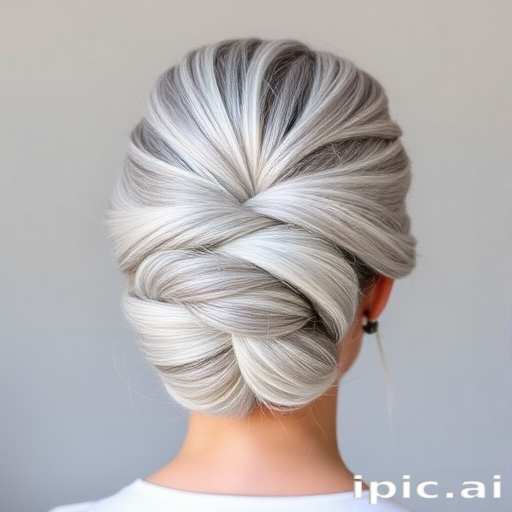 Elegant silver fox updo known as "Mercury Twist" showcasing a sophisticated blend of platinum and gray tones, styled into an intricate knotted bun with loose tendrils